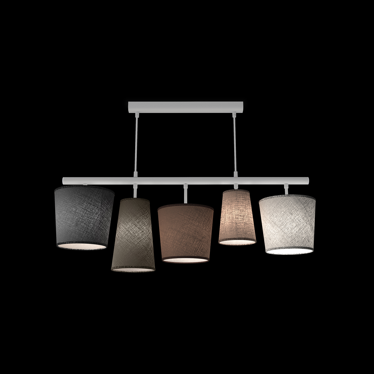 Skandinávský Závěsný  Lustr ze pěti stínítek různých tvarů.