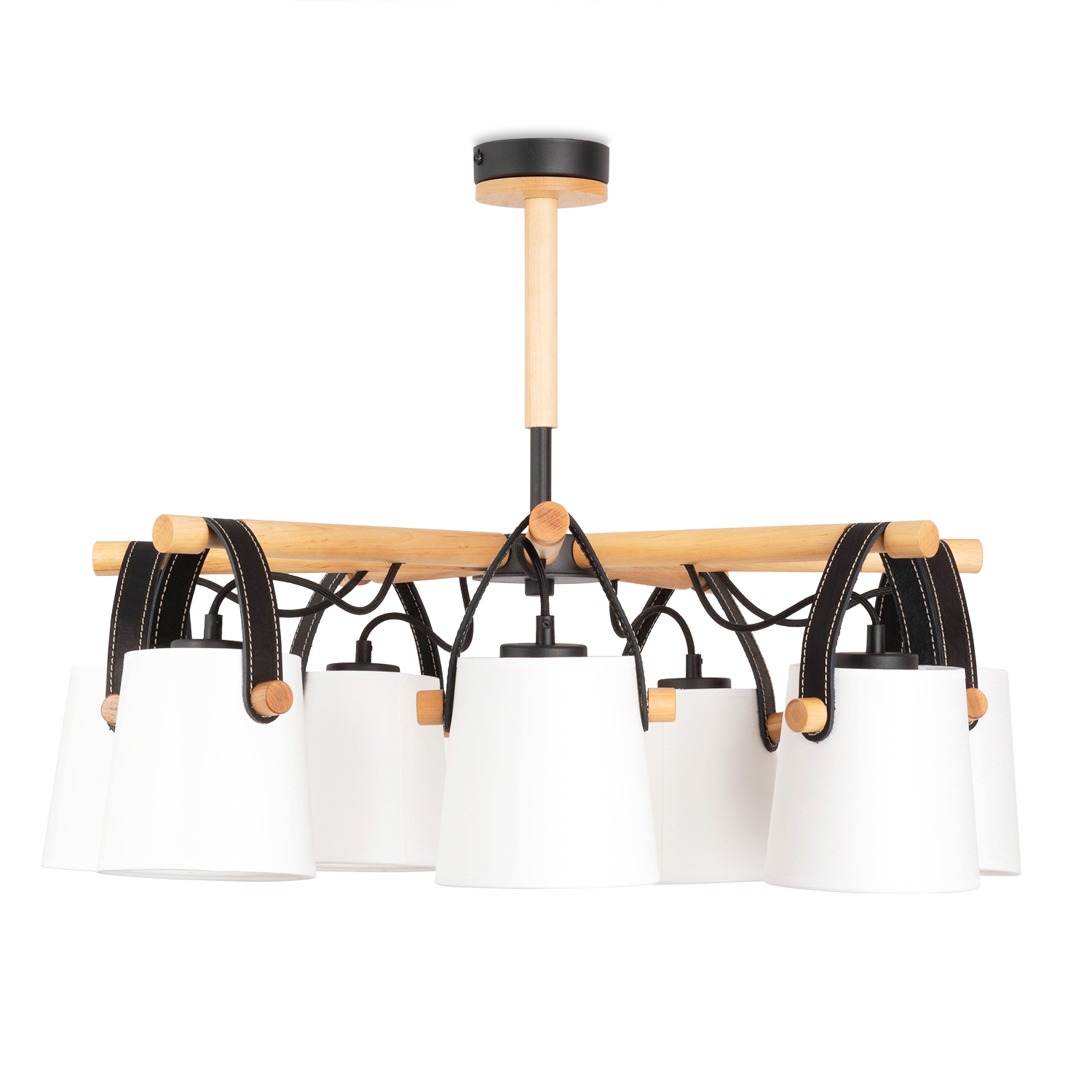 Lustr na tyči z dřevěnými prvky a koženými řemínkami, stínítkami v bílém provedení 60407 "RIONI" foto3