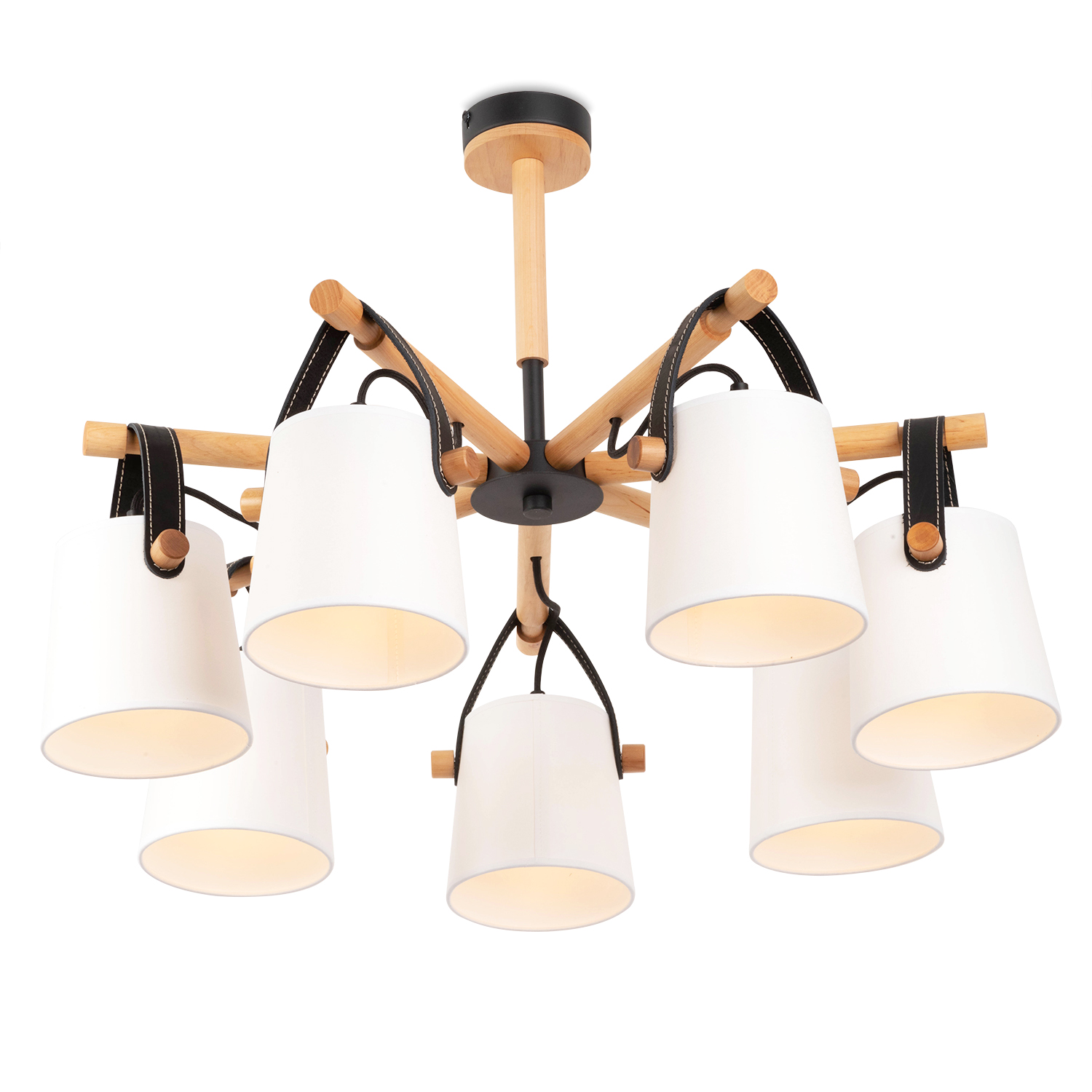 Lustr na tyči z dřevěnými prvky a koženými řemínkami, stínítkami v bílém provedení 60407 "RIONI" foto2