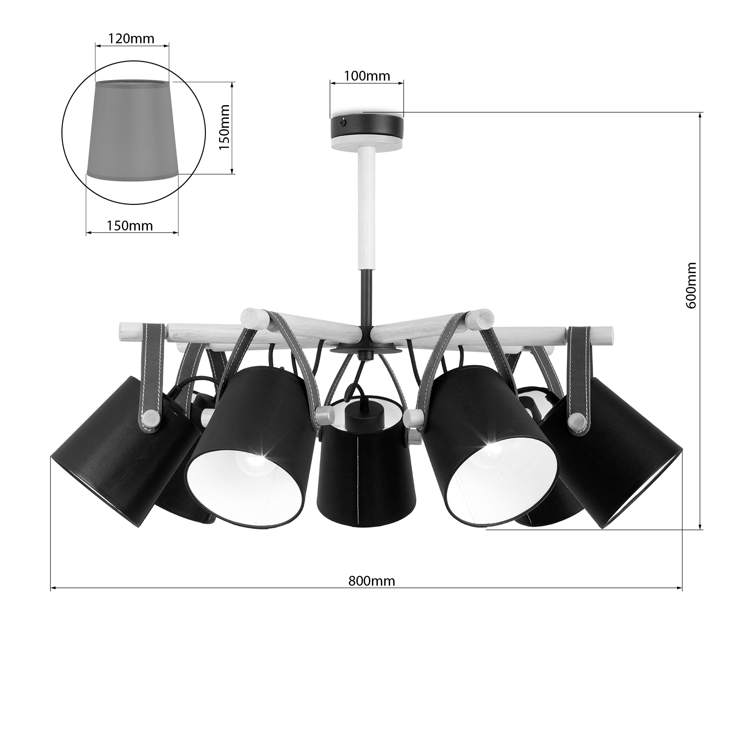Lustr na tyči z dřevěnými prvky a koženými řemínkami, stínítkami v bílém provedení 60407 "RIONI" foto4
