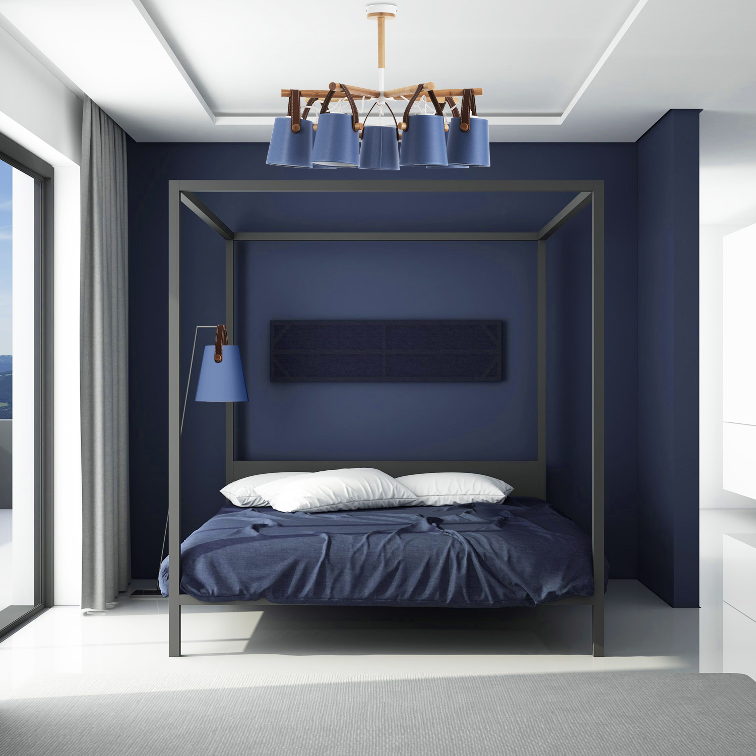 Lustr na tyči z dřevěnými prvky a koženými řemínkami, stínítkami v bílém provedení 60407 "RIONI" foto6