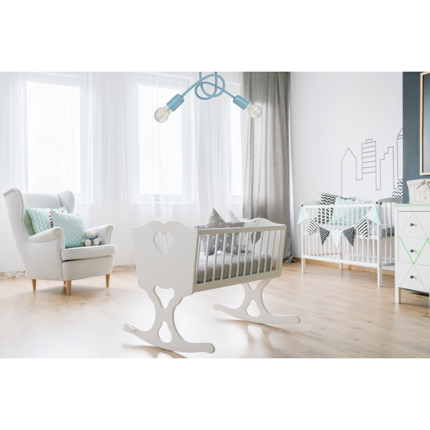 Stropní svítidlo s zahnutými kovovými ramenami v pastelově modré barvě, kolekce "MONDO" art.1001/2 PN foto4