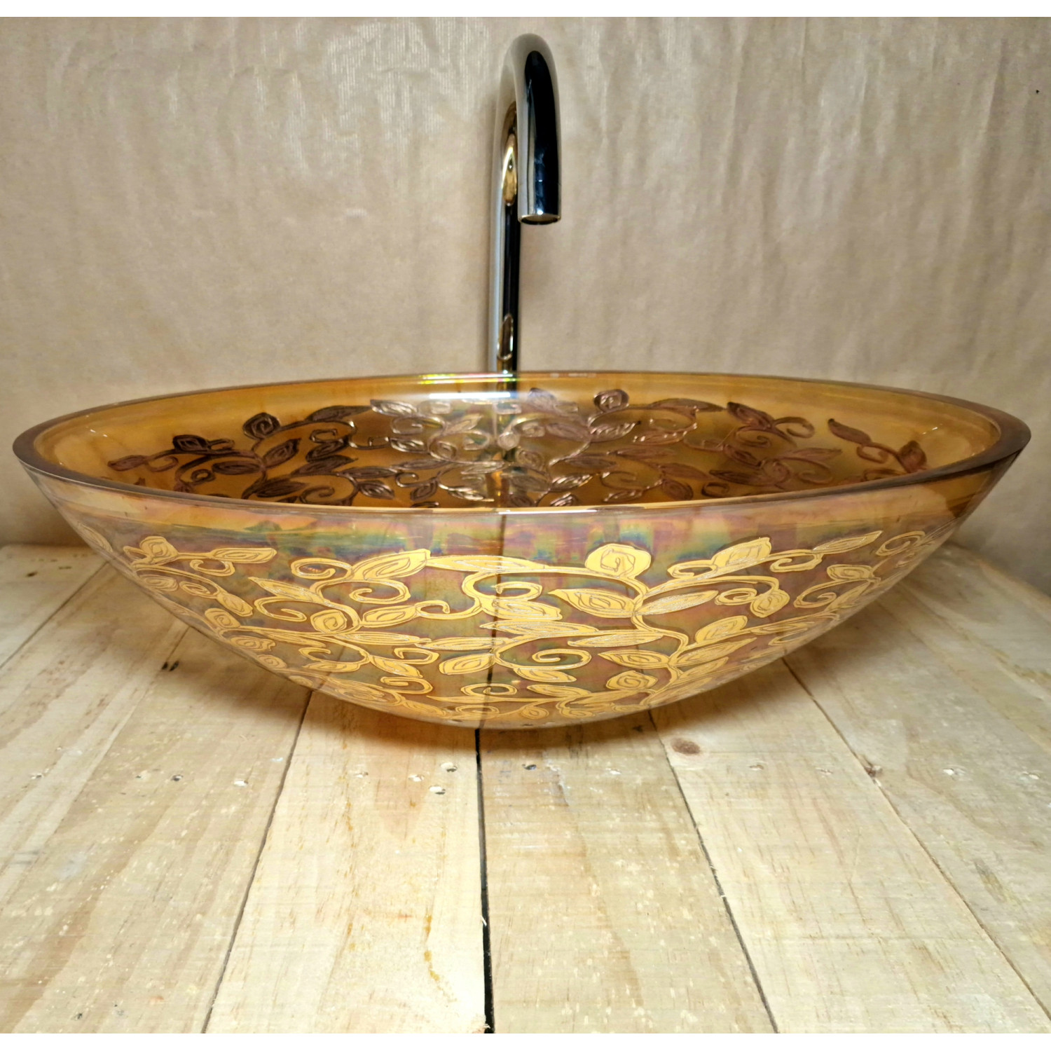 Průhledné jantarové skleněné umyvadlo s oválným tvarem a zlatou dekorací U034 foto3