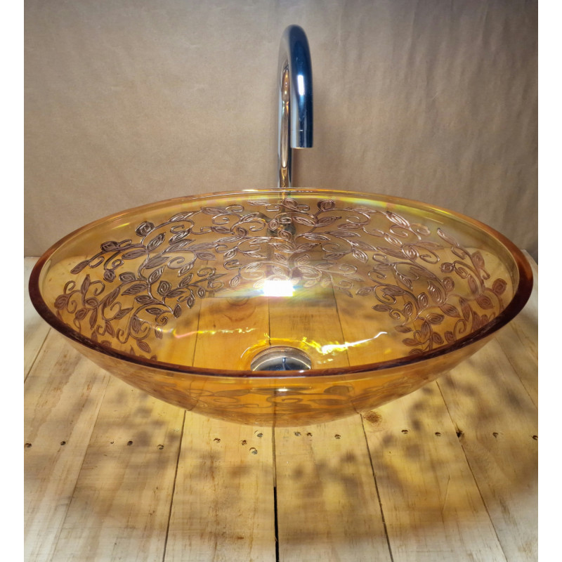 Průhledné jantarové skleněné umyvadlo s oválným tvarem a zlatou dekorací U034