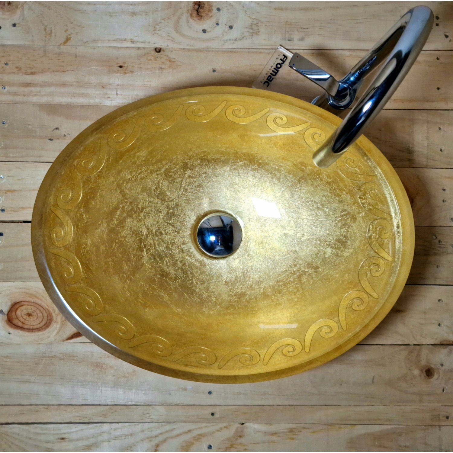 Luxusní oválné skleněné umyvadlo s dekorací zlatou fólií U044 foto3