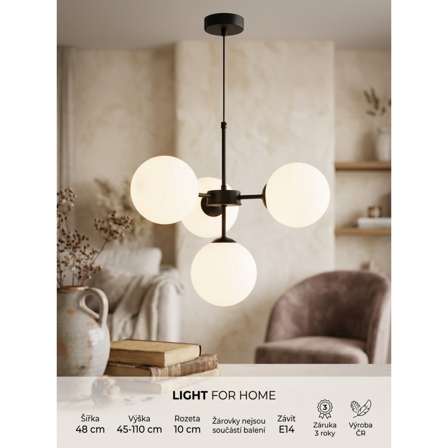 Black pendant chandelier with a white shade and the option of regulation