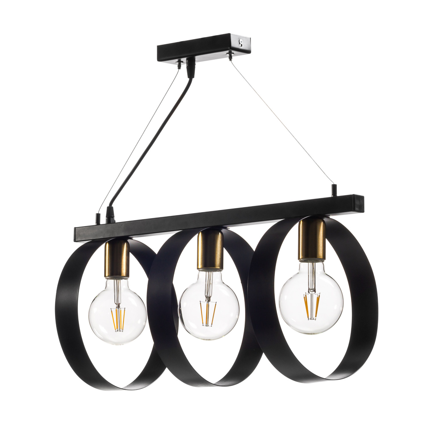 Závěsné svítidlo na kovové liště na tři žárovky  s kruhovými stínítky z kovového pásu 14603 "Industriální Elegance" foto2