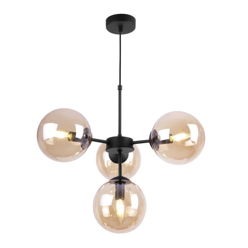 Black Adjustable Ceiling Lamp with 4 Honey Transparent Blown Glass Shades