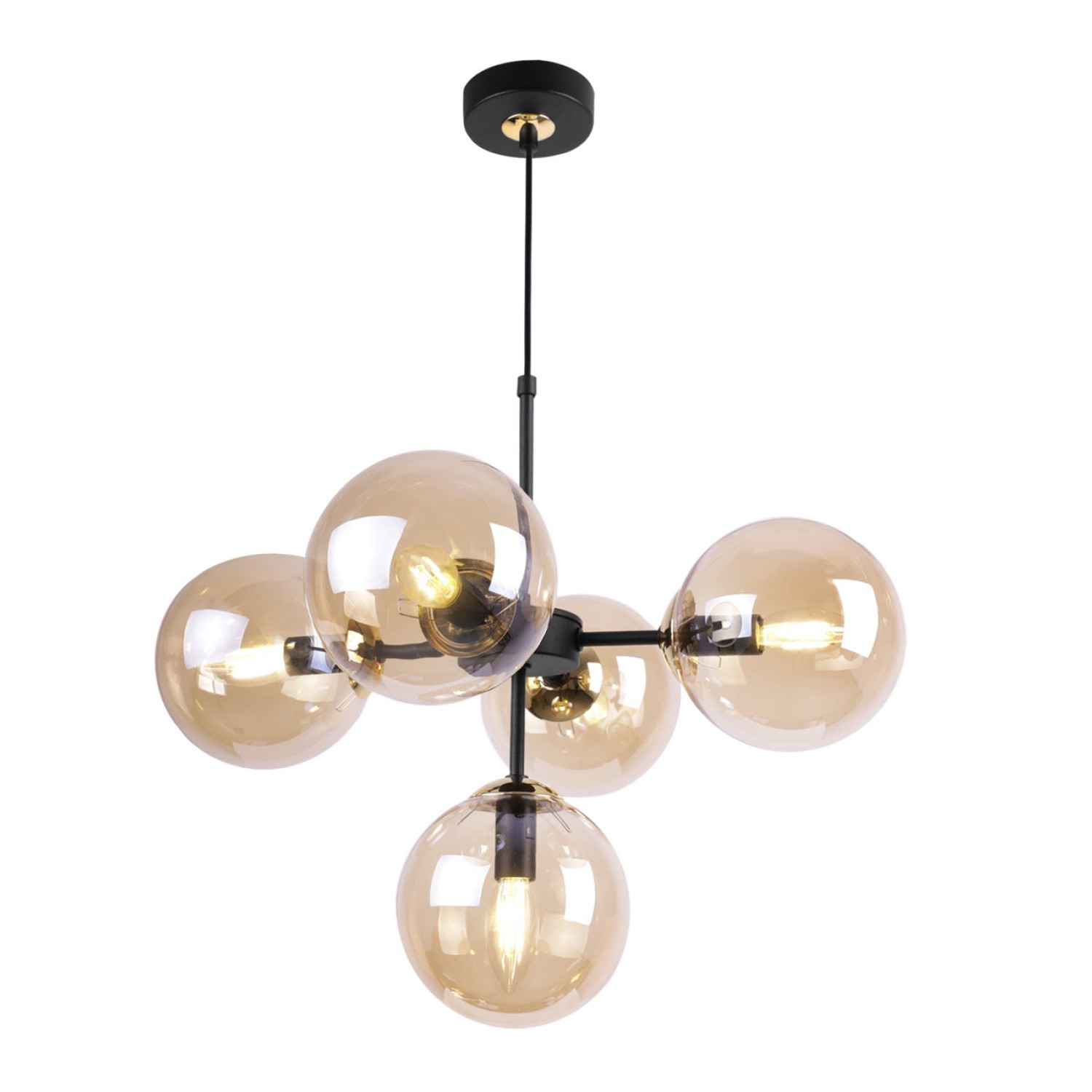 Černozlatá Regulovatelná Stropní Lampa se 5 Medově Transparentními Foukanými Stínidly "IMPERIA"