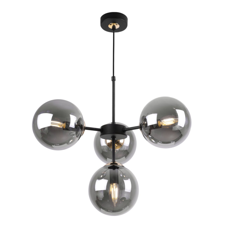 Black Pendant Light with Gold Accents and Adjustable Length, Four Graphite Transparent Shades