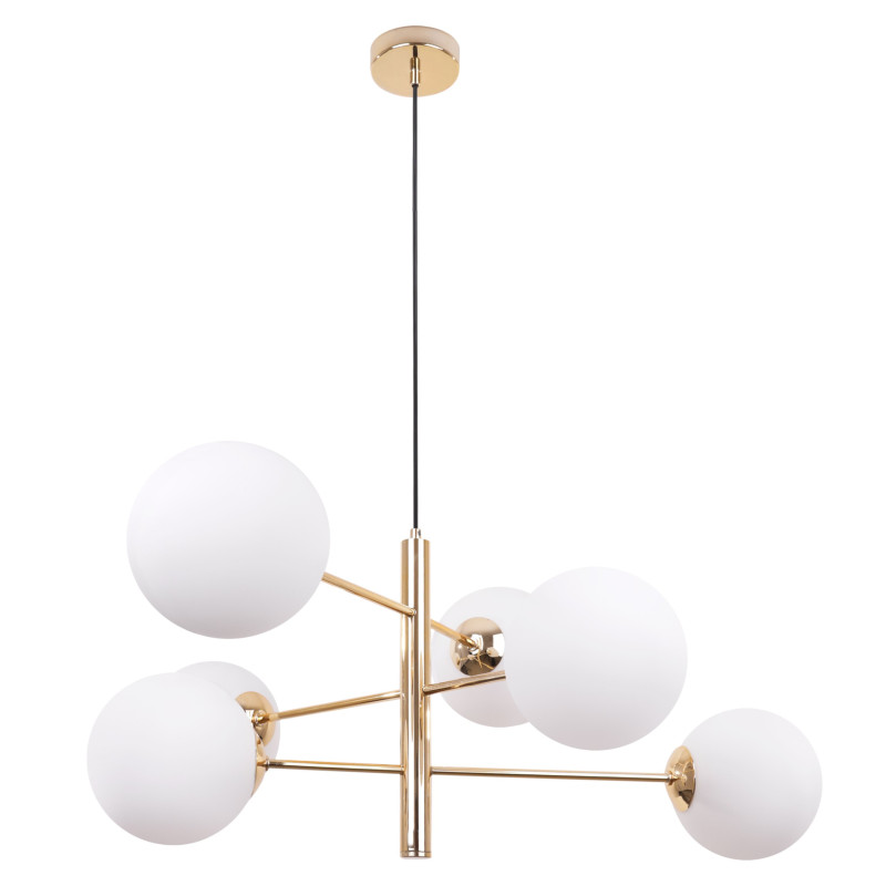 Luxury pendant lamp with 6 white glass shades and gold construction 2537/6/Z