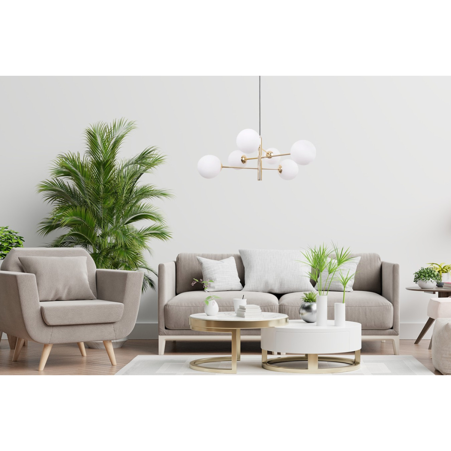 Luxusní závěsné svítidlo se šesti bílými skleněnými stínidly a zlatou konstrukcí "VICENZA" foto7