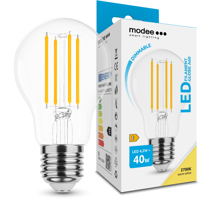 Skleněná  žárovka LED Filament Globe A60 4,2W E27 360° 2700K (470 lumen) dimm.