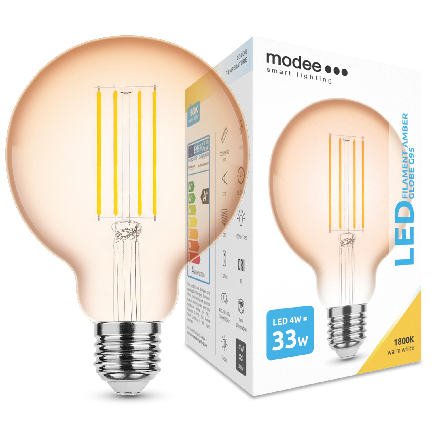 LED Filament Amber Globe G95 4W E27 320° 1800K (360 lumen)