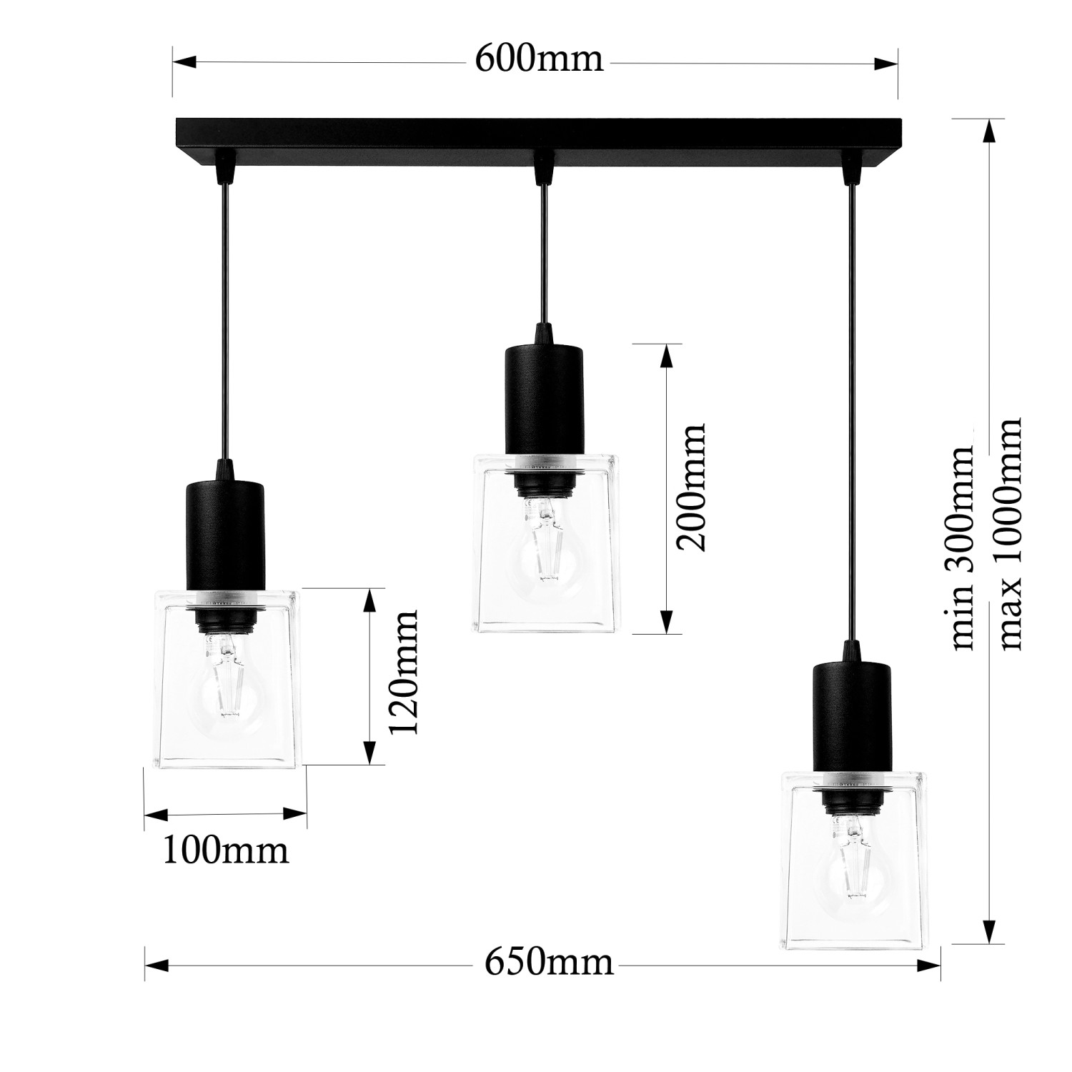 Závěsné svítidlo černá lišta a čiré skleněné hranaté stínidla 60603 "Roberto" foto5