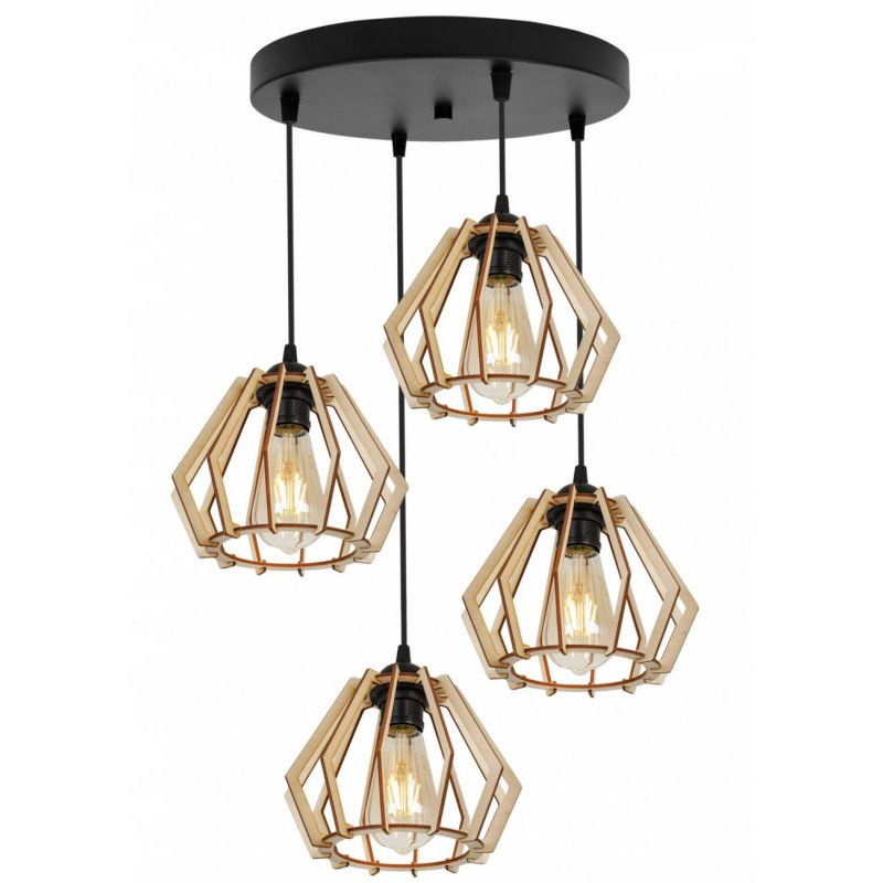 Wooden suspension lamp on a round metal base with four wooden shades TIMBER 2360/4/OW