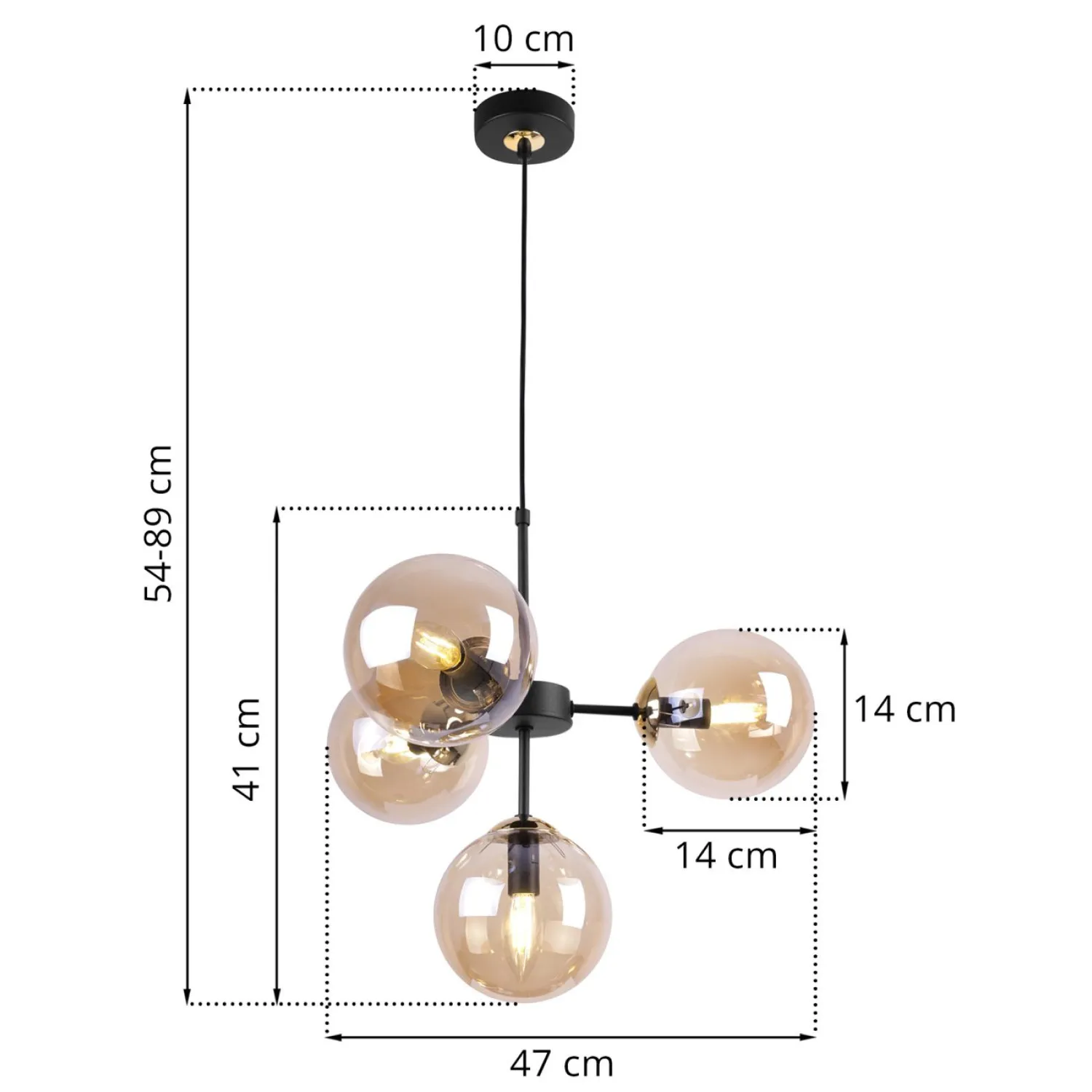 Eclipse Black & Gold Adjustable Pendant Light with 4 Honey Blown Glass Shades foto10