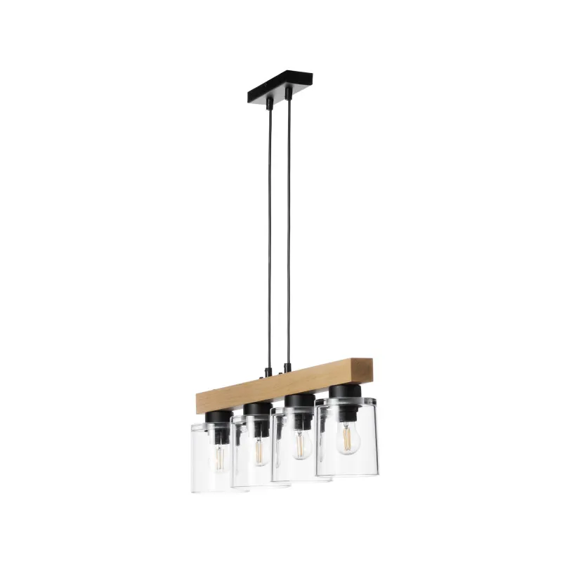 Wooden pendant lamp with transparent glass lampshades 40409 "Rustic Radiance"